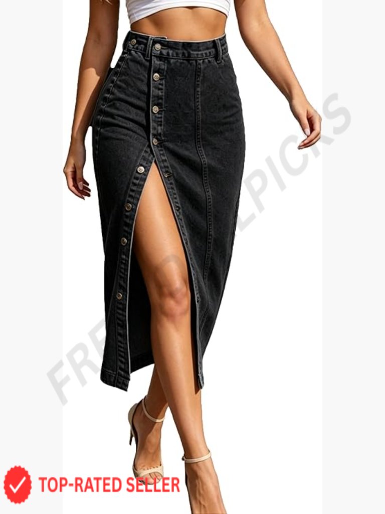 Button Front High Waist Denim Midi Skirt Slim Fit Split Pencil Skirt